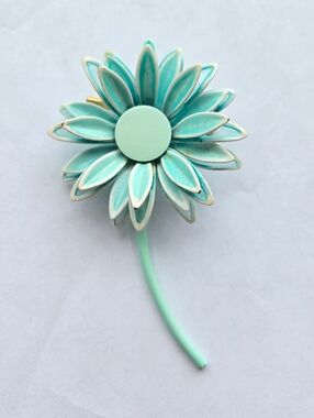 Vintage Mid Century Metal Enamel Flower Brooch Light Blue w/ Transparent Petals